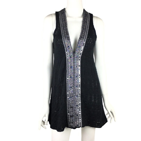 Free People Crochet Black Dress Sequin Beaded Wool - Picture 1 of 8
